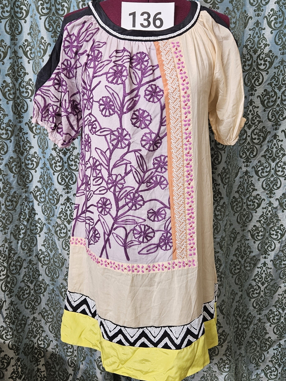 Beige Tunic Top with Purple Floral Embroidery and Yellow Hem -